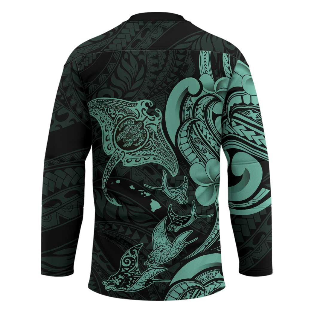 Hawaiian Manta Rays Hockey Jersey Tribal Hibiscus Polynesian Tattoos Turquoise Color LT03 - Polynesian Pride