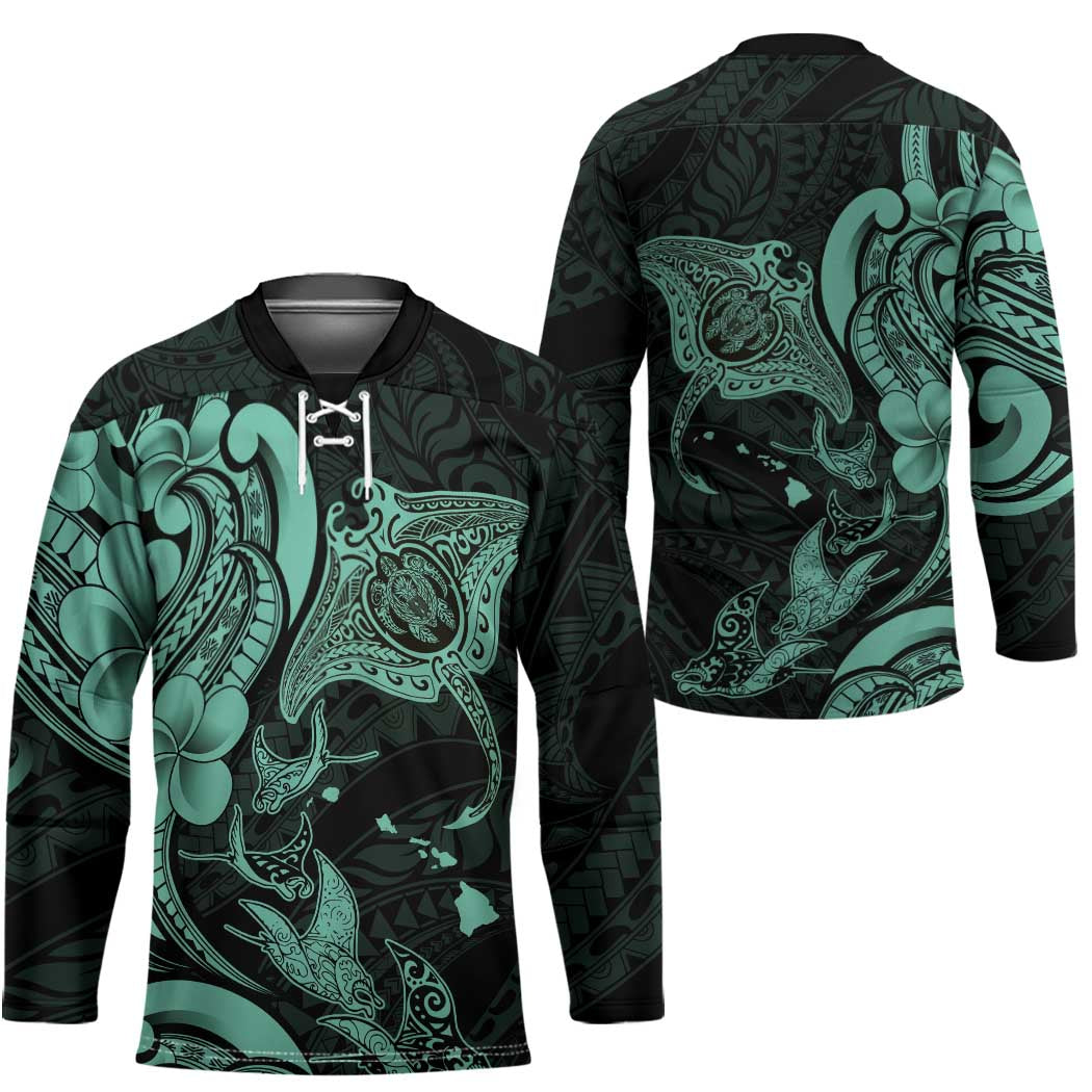 Hawaiian Manta Rays Hockey Jersey Tribal Hibiscus Polynesian Tattoos Turquoise Color LT03 - Polynesian Pride