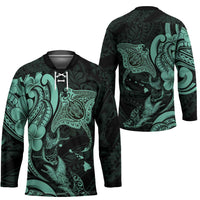 Hawaiian Manta Rays Hockey Jersey Tribal Hibiscus Polynesian Tattoos Turquoise Color LT03 - Polynesian Pride