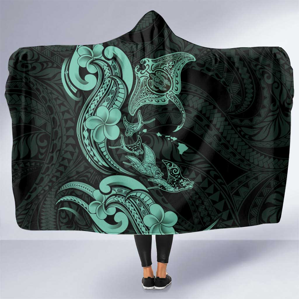 Hawaiian Manta Rays Hooded Blanket Tribal Hibiscus Polynesian Tattoos Turquoise Color - Polynesian Pride
