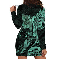 Hawaiian Manta Rays Hoodie Dress Tribal Hibiscus Polynesian Tattoos Turquoise Color - Polynesian Pride