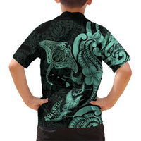 Hawaiian Manta Rays Kid Hawaiian Shirt Tribal Hibiscus Polynesian Tattoos Turquoise Color - Polynesian Pride