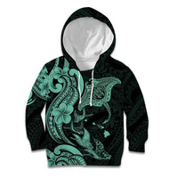 Hawaiian Manta Rays Kid Hoodie Tribal Hibiscus Polynesian Tattoos Turquoise Color - Polynesian Pride