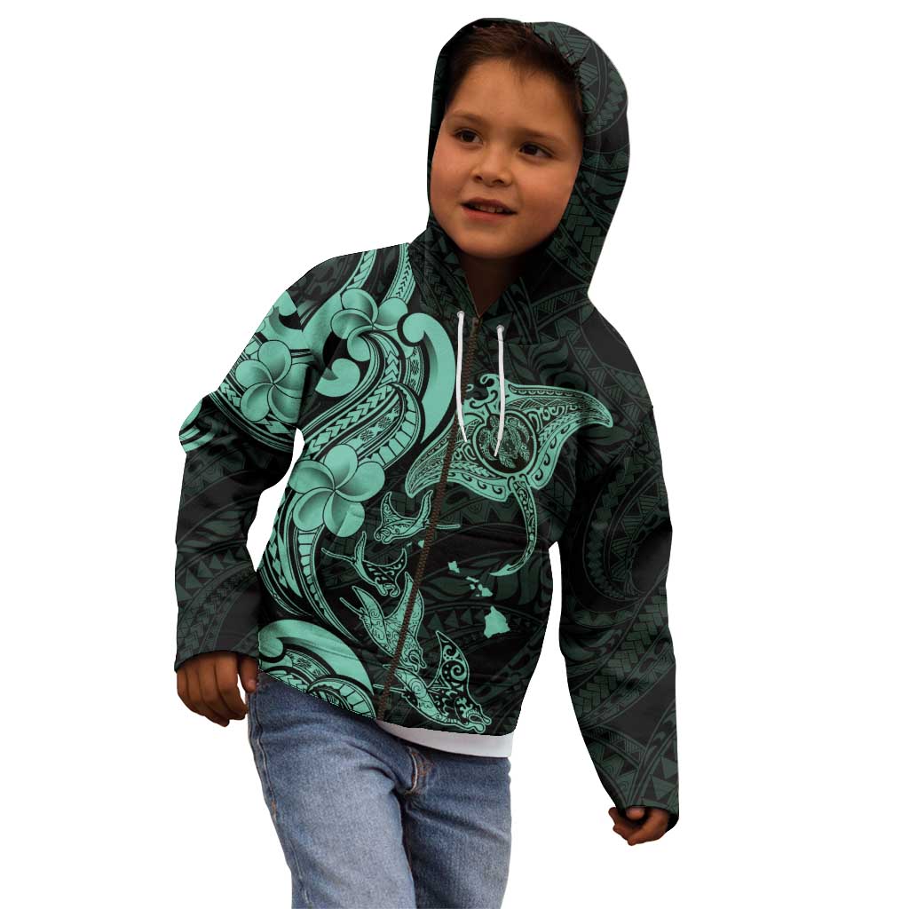 Hawaiian Manta Rays Kid Hoodie Tribal Hibiscus Polynesian Tattoos Turquoise Color - Polynesian Pride