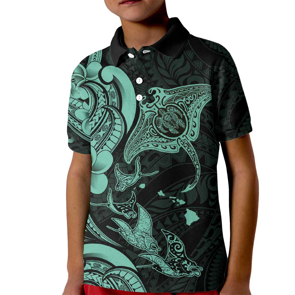 Hawaiian Manta Rays Kid Polo Shirt Tribal Hibiscus Polynesian Tattoos Turquoise Color - Polynesian Pride