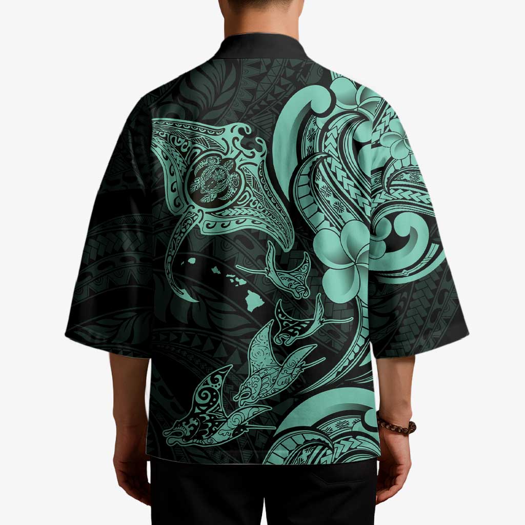 Hawaiian Manta Rays Kimono Tribal Hibiscus Polynesian Tattoos Turquoise Color - Polynesian Pride