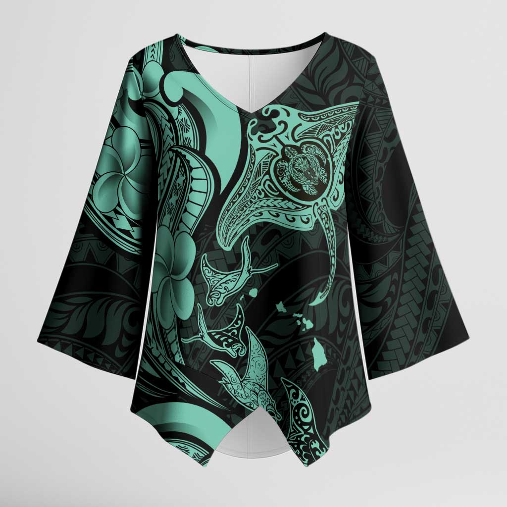 Hawaiian Manta Rays Kimono Sleeve Blouse Tribal Hibiscus Polynesian Tattoos Turquoise Color - Polynesian Pride