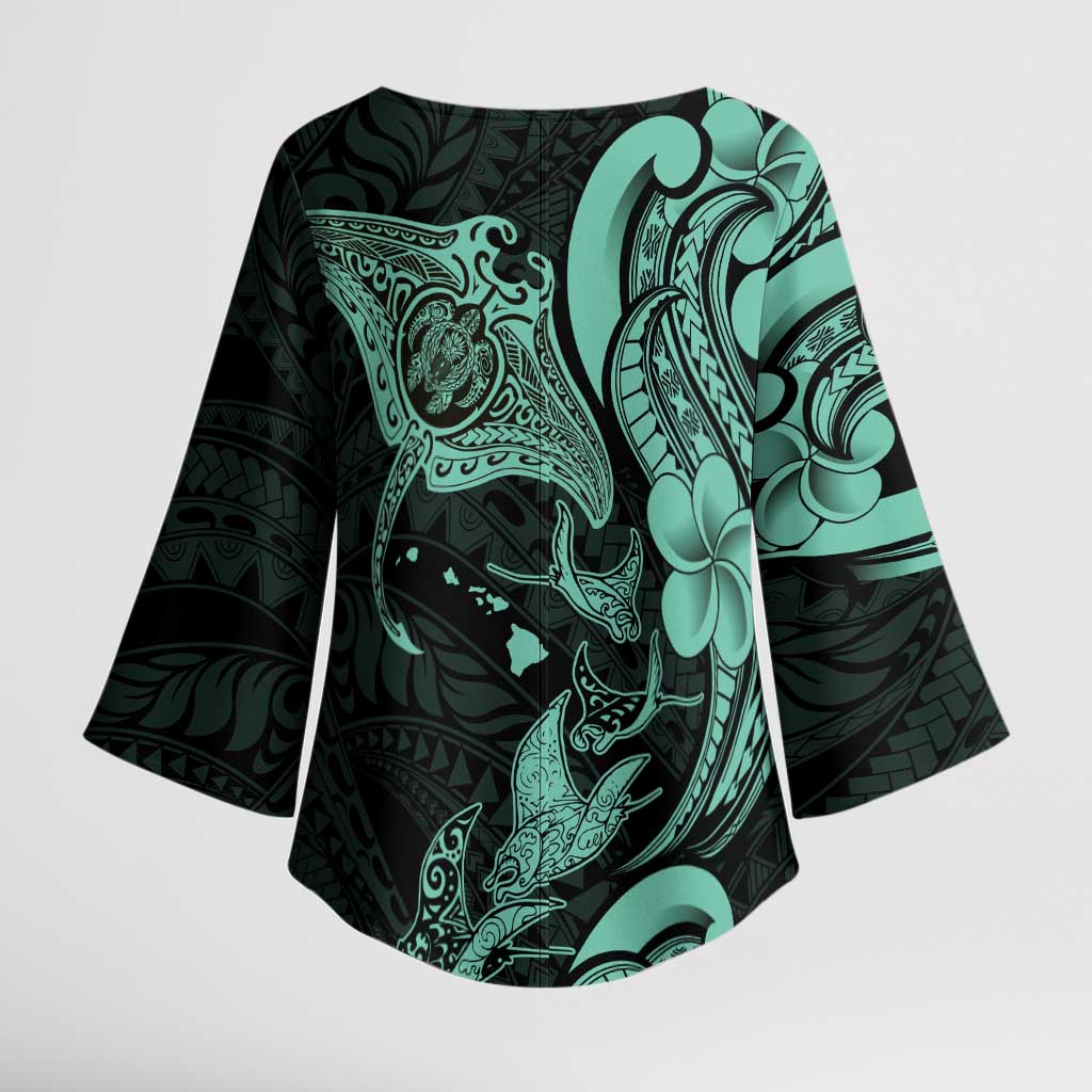 Hawaiian Manta Rays Kimono Sleeve Blouse Tribal Hibiscus Polynesian Tattoos Turquoise Color - Polynesian Pride