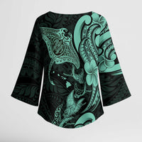 Hawaiian Manta Rays Kimono Sleeve Blouse Tribal Hibiscus Polynesian Tattoos Turquoise Color - Polynesian Pride
