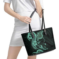 Hawaiian Manta Rays Leather Tote Bag Tribal Hibiscus Polynesian Tattoos Turquoise Color - Polynesian Pride