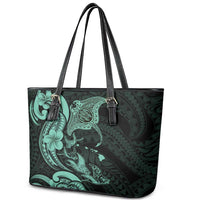 Hawaiian Manta Rays Leather Tote Bag Tribal Hibiscus Polynesian Tattoos Turquoise Color - Polynesian Pride