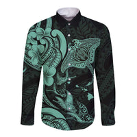 Hawaiian Manta Rays Long Sleeve Button Shirt Tribal Hibiscus Polynesian Tattoos Turquoise Color - Polynesian Pride
