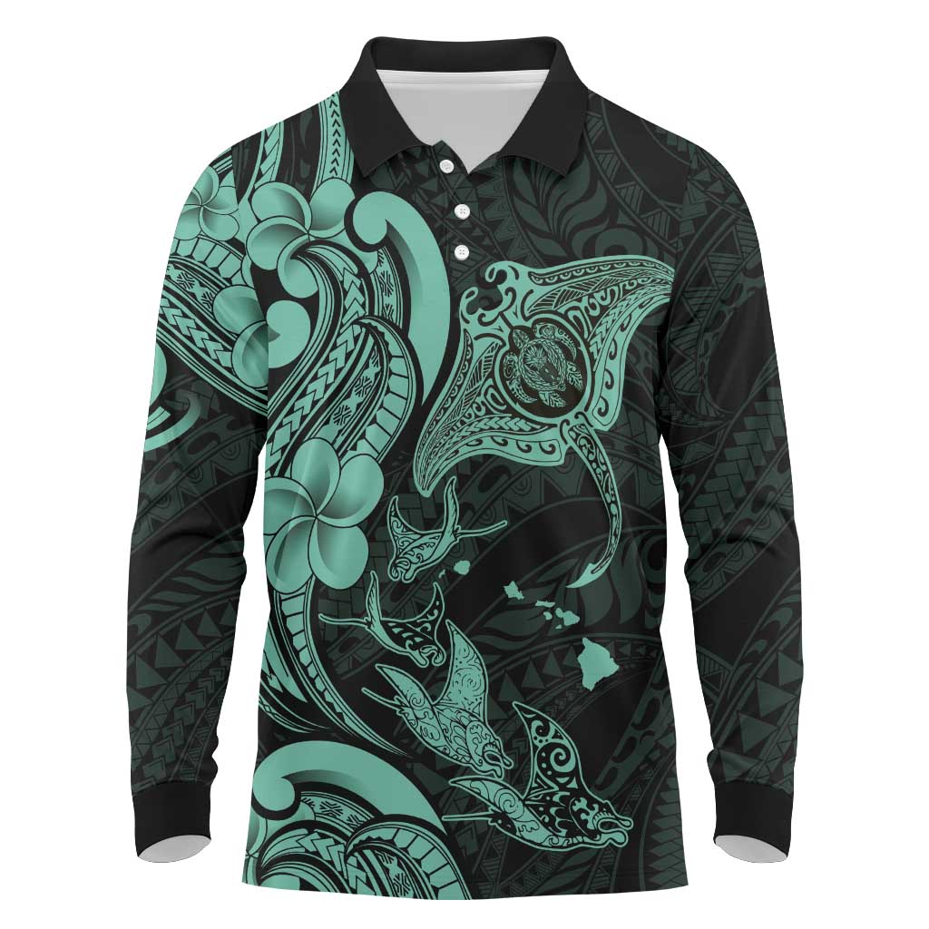 Hawaiian Manta Rays Long Sleeve Polo Shirt Tribal Hibiscus Polynesian Tattoos Turquoise Color - Polynesian Pride