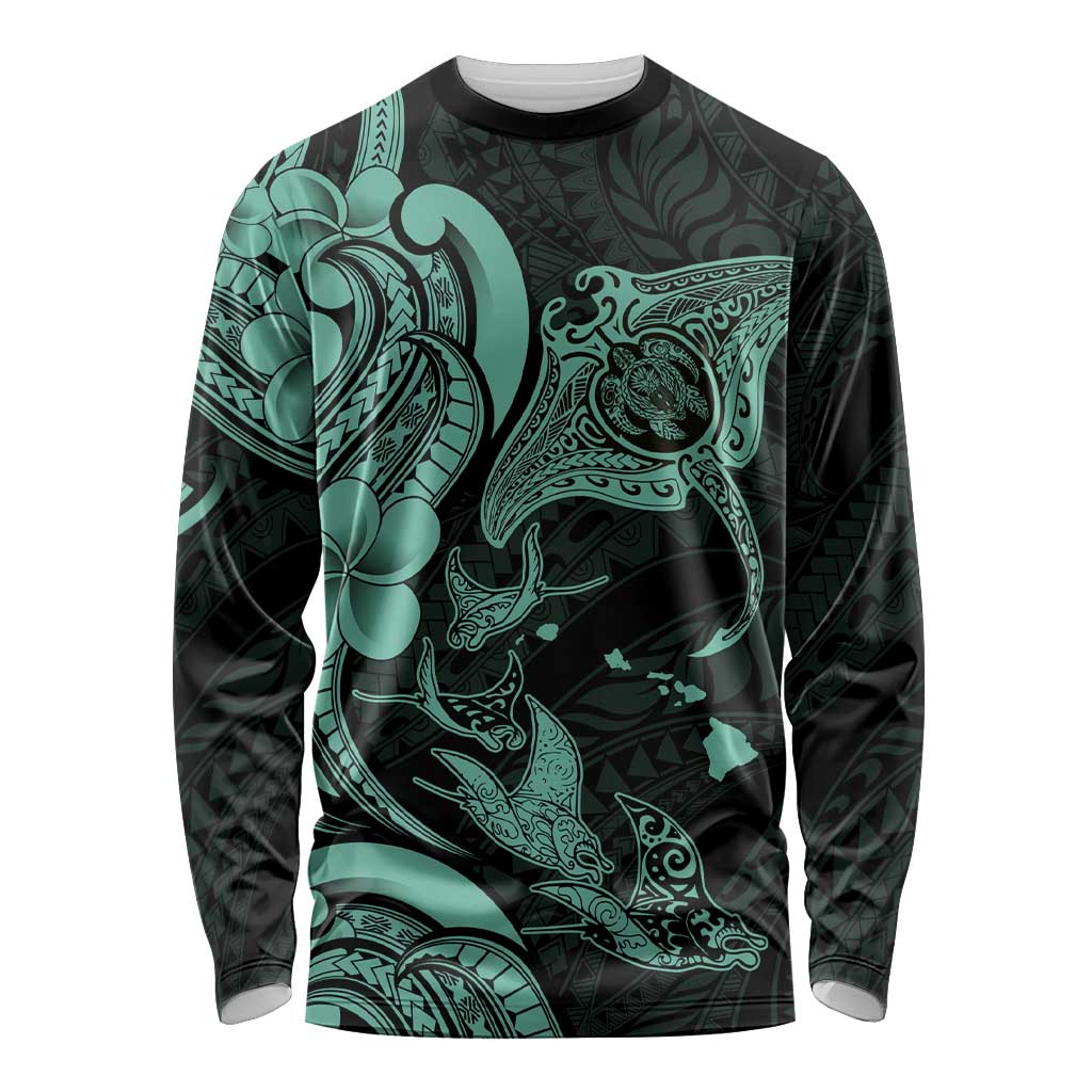 Hawaiian Manta Rays Long Sleeve Shirt Tribal Hibiscus Polynesian Tattoos Turquoise Color - Polynesian Pride