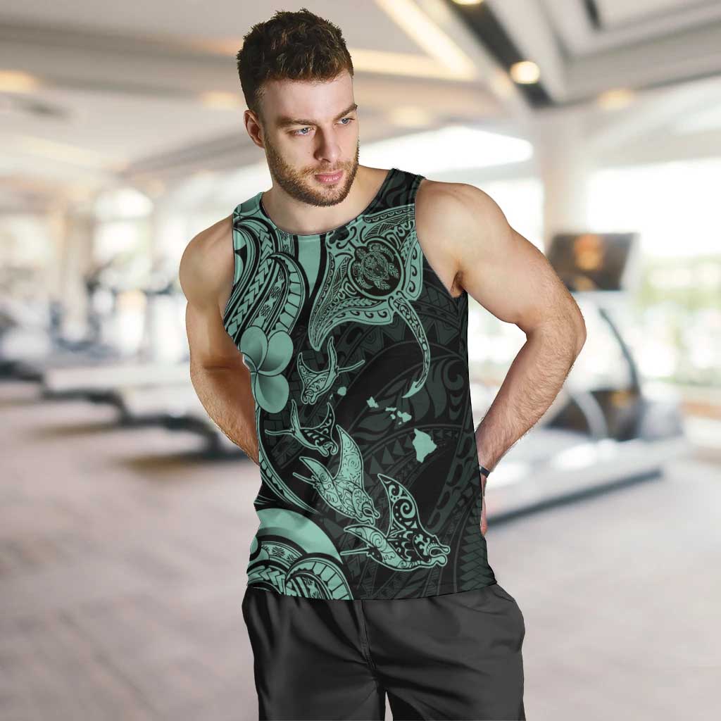 Hawaiian Manta Rays Men Tank Top Tribal Hibiscus Polynesian Tattoos Turquoise Color - Polynesian Pride