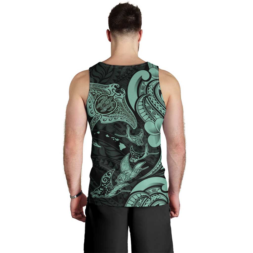 Hawaiian Manta Rays Men Tank Top Tribal Hibiscus Polynesian Tattoos Turquoise Color - Polynesian Pride