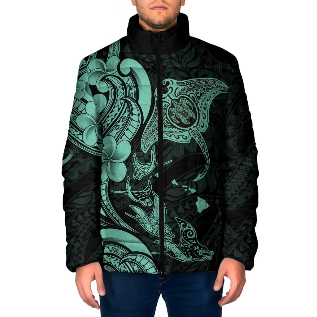 Hawaiian Manta Rays Padded Jacket Tribal Hibiscus Polynesian Tattoos Turquoise Color - Polynesian Pride