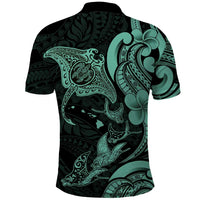 Hawaiian Manta Rays Polo Shirt Tribal Hibiscus Polynesian Tattoos Turquoise Color - Polynesian Pride