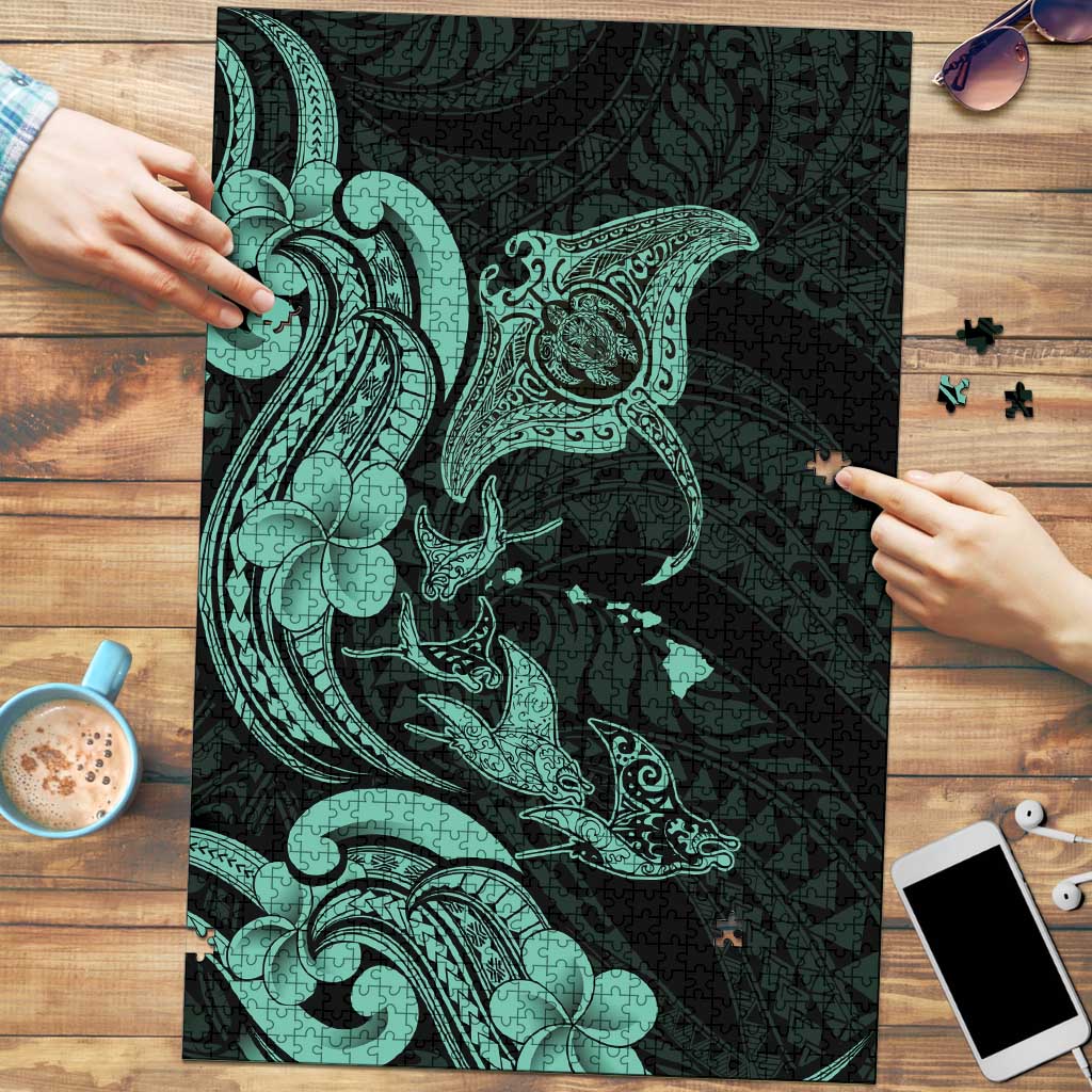 Hawaiian Manta Rays Puzzle Tribal Hibiscus Polynesian Tattoos Turquoise Color - Polynesian Pride