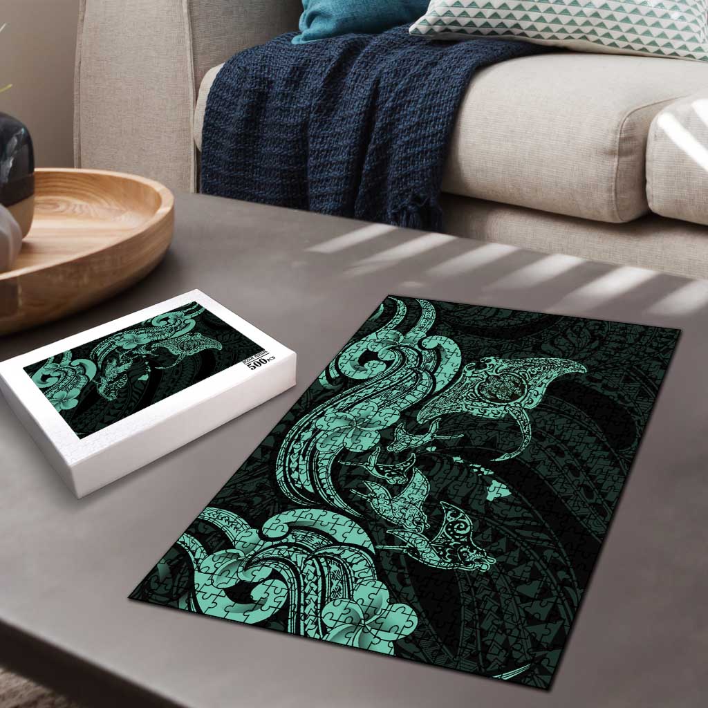 Hawaiian Manta Rays Puzzle Tribal Hibiscus Polynesian Tattoos Turquoise Color LT03 - Polynesian Pride