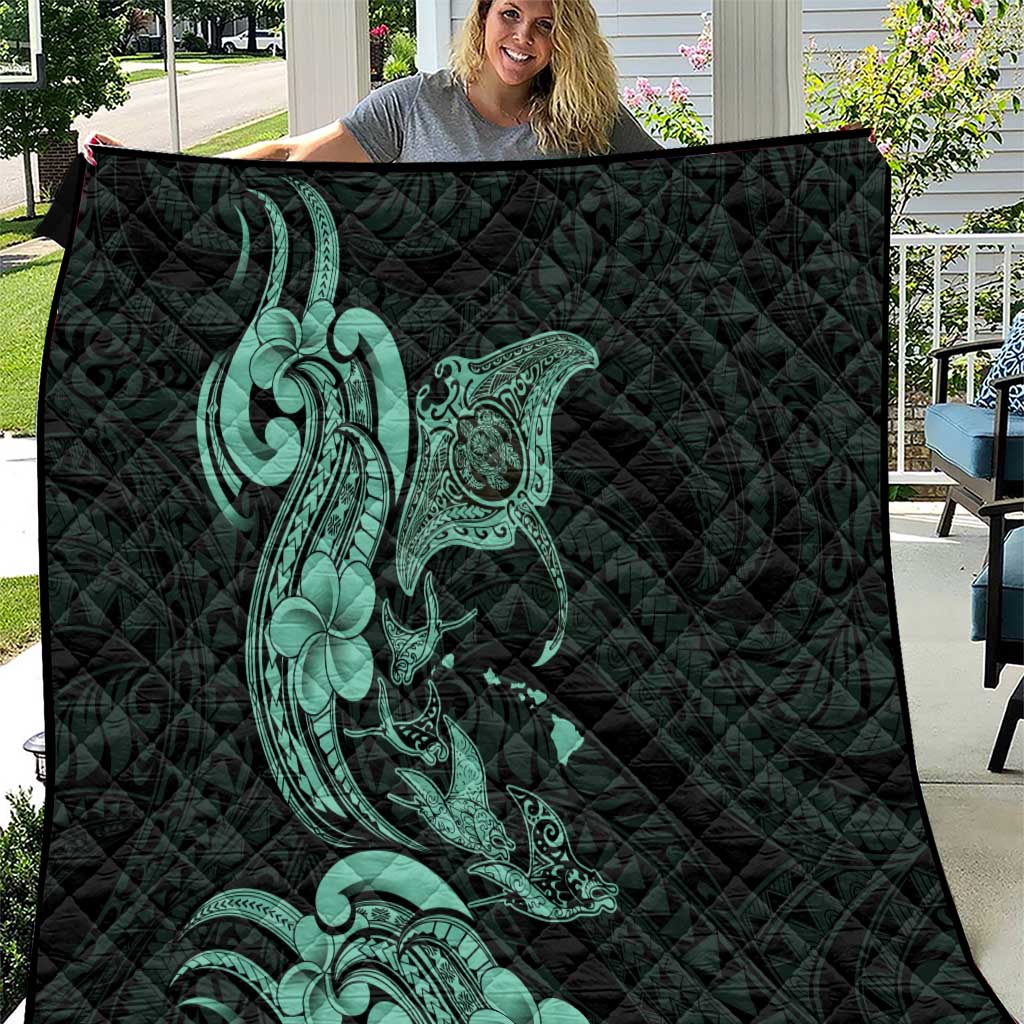 Hawaiian Manta Rays Quilt Tribal Hibiscus Polynesian Tattoos Turquoise Color - Polynesian Pride