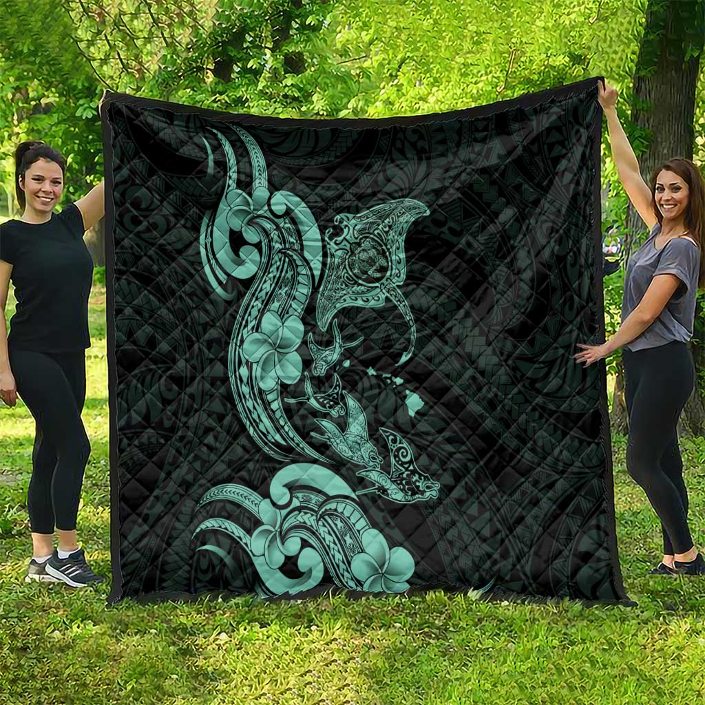 Hawaiian Manta Rays Quilt Tribal Hibiscus Polynesian Tattoos Turquoise Color - Polynesian Pride