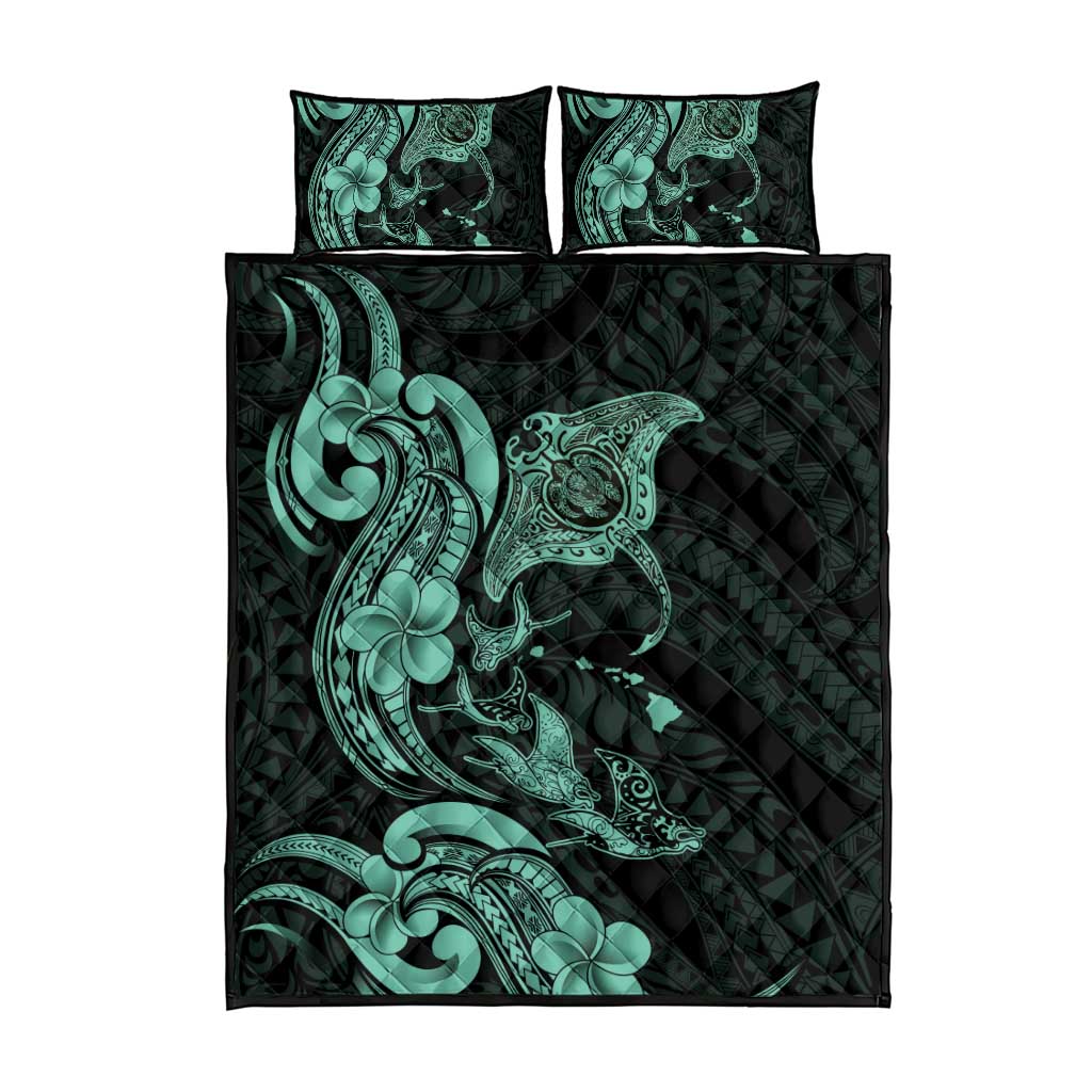 Hawaiian Manta Rays Quilt Bed Set Tribal Hibiscus Polynesian Tattoos Turquoise Color - Polynesian Pride