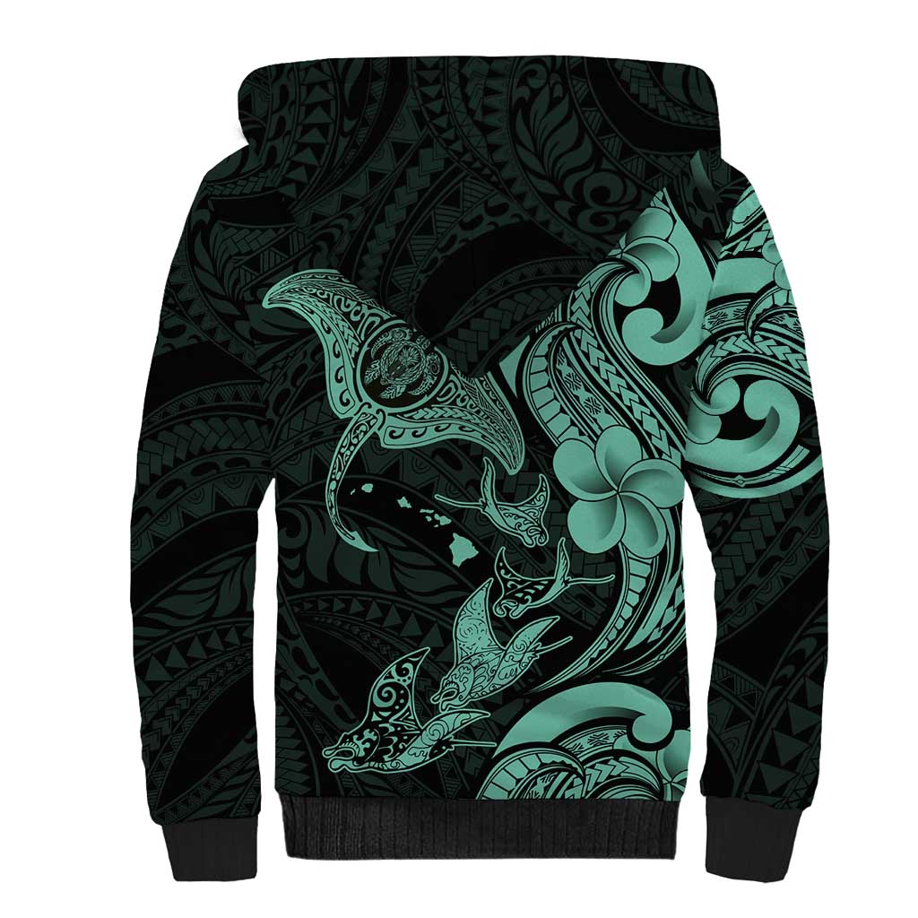 Hawaiian Manta Rays Sherpa Hoodie Tribal Hibiscus Polynesian Tattoos Turquoise Color LT03 - Polynesian Pride