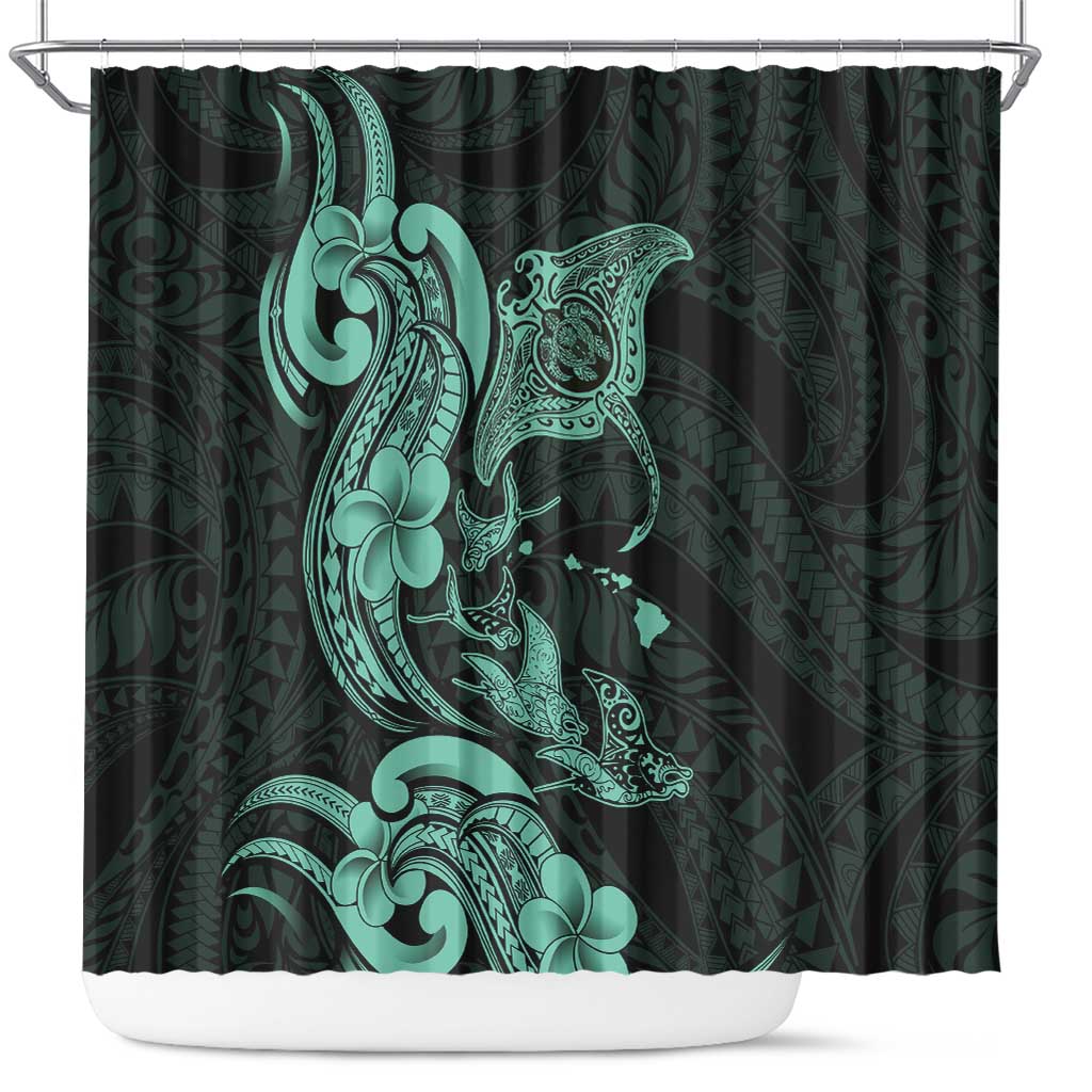 Hawaiian Manta Rays Shower Curtain Tribal Hibiscus Polynesian Tattoos Turquoise Color - Polynesian Pride