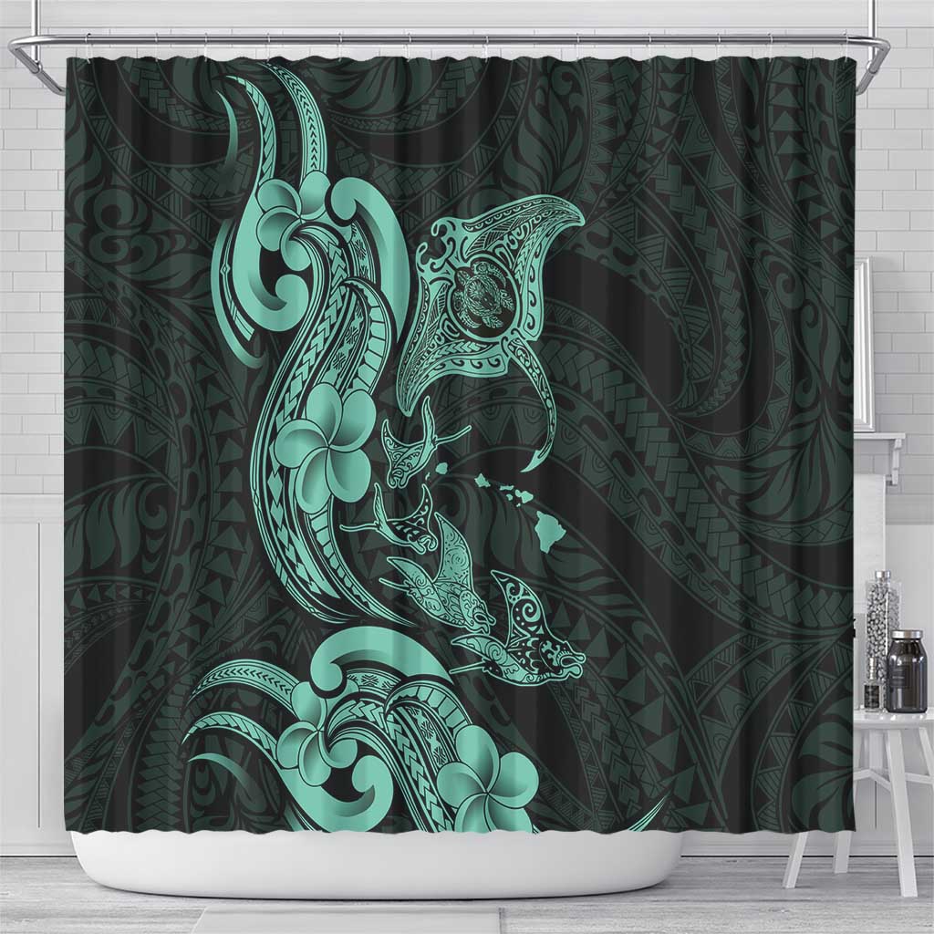 Hawaiian Manta Rays Shower Curtain Tribal Hibiscus Polynesian Tattoos Turquoise Color - Polynesian Pride
