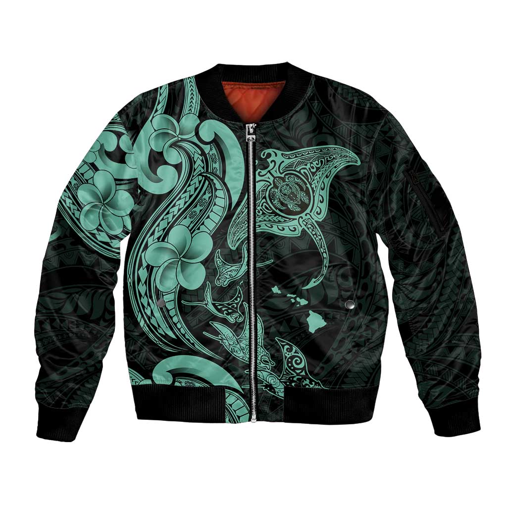 Hawaiian Manta Rays Sleeve Zip Bomber Jacket Tribal Hibiscus Polynesian Tattoos Turquoise Color - Polynesian Pride