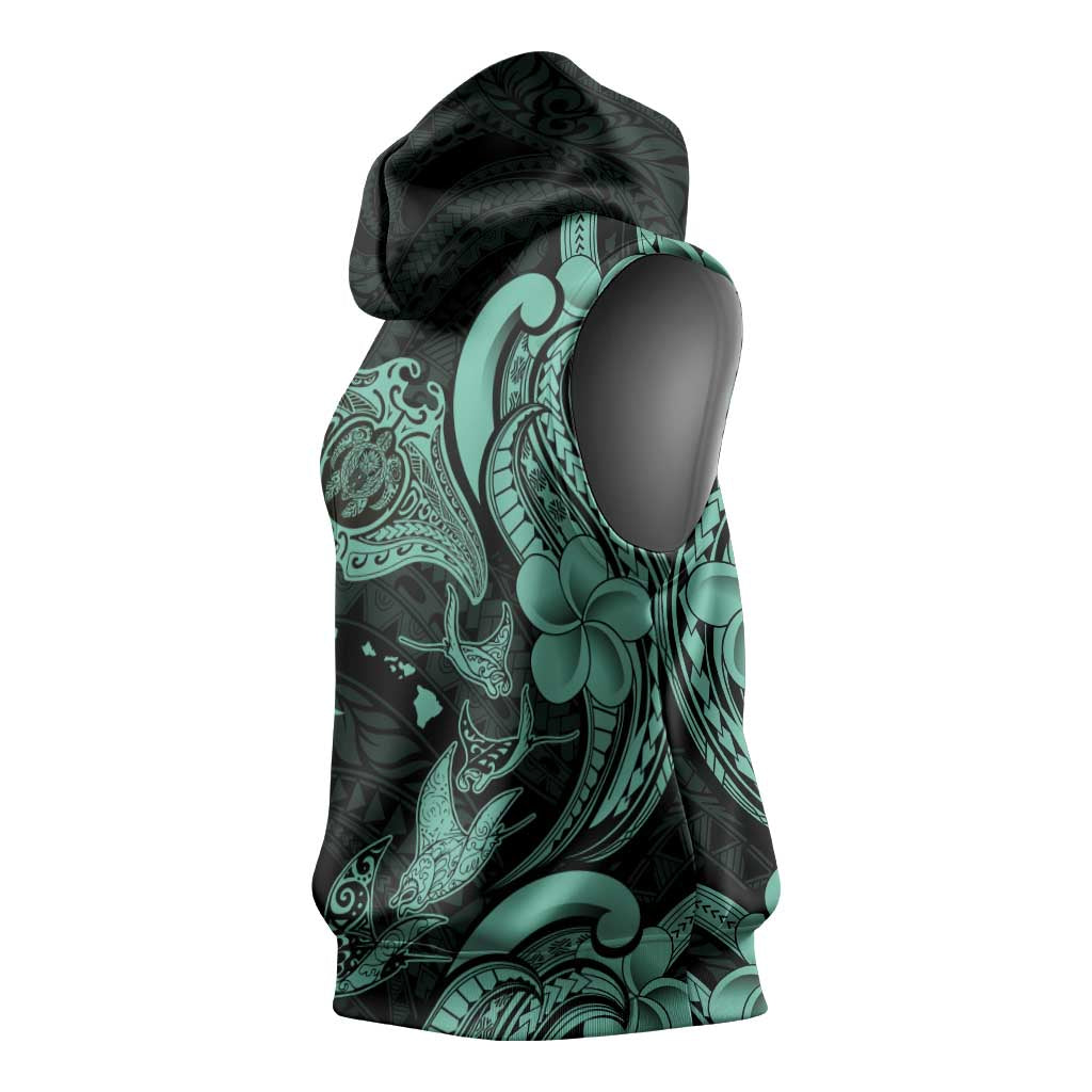 Hawaiian Manta Rays Sleeveless Hoodie Tribal Hibiscus Polynesian Tattoos Turquoise Color - Polynesian Pride