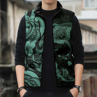 Hawaiian Manta Rays Sleeveless Puffer Jacket Tribal Hibiscus Polynesian Tattoos Turquoise Color - Polynesian Pride