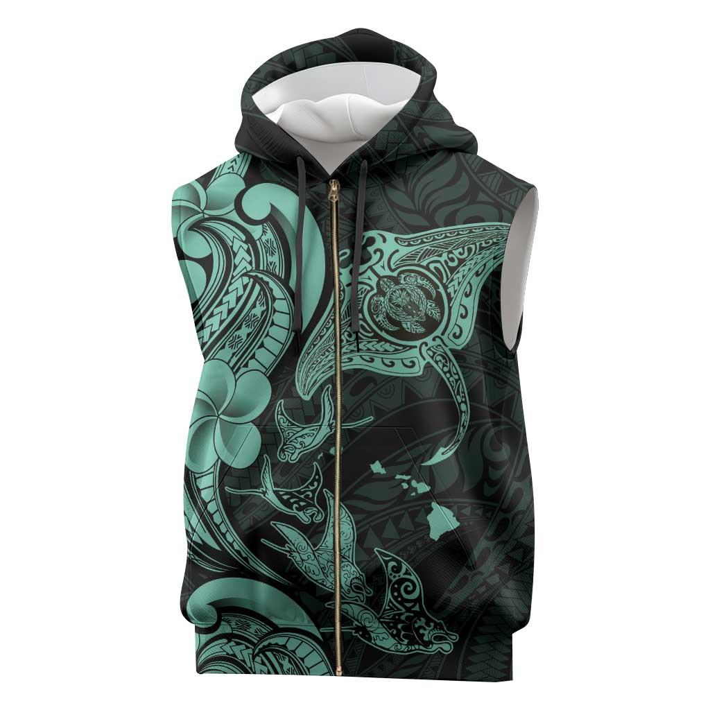 Hawaiian Manta Rays Sleeveless Zip Hoodie Tribal Hibiscus Polynesian Tattoos Turquoise Color - Polynesian Pride