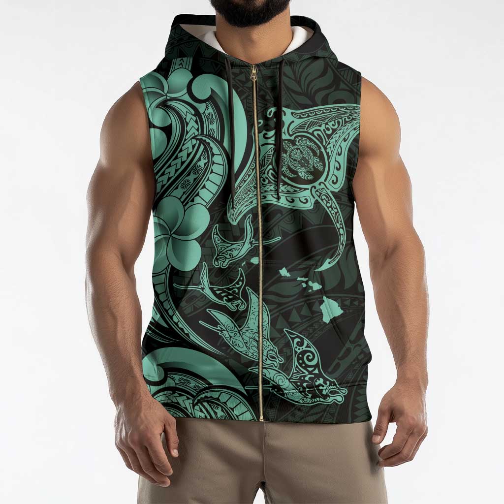 Hawaiian Manta Rays Sleeveless Zip Hoodie Tribal Hibiscus Polynesian Tattoos Turquoise Color - Polynesian Pride