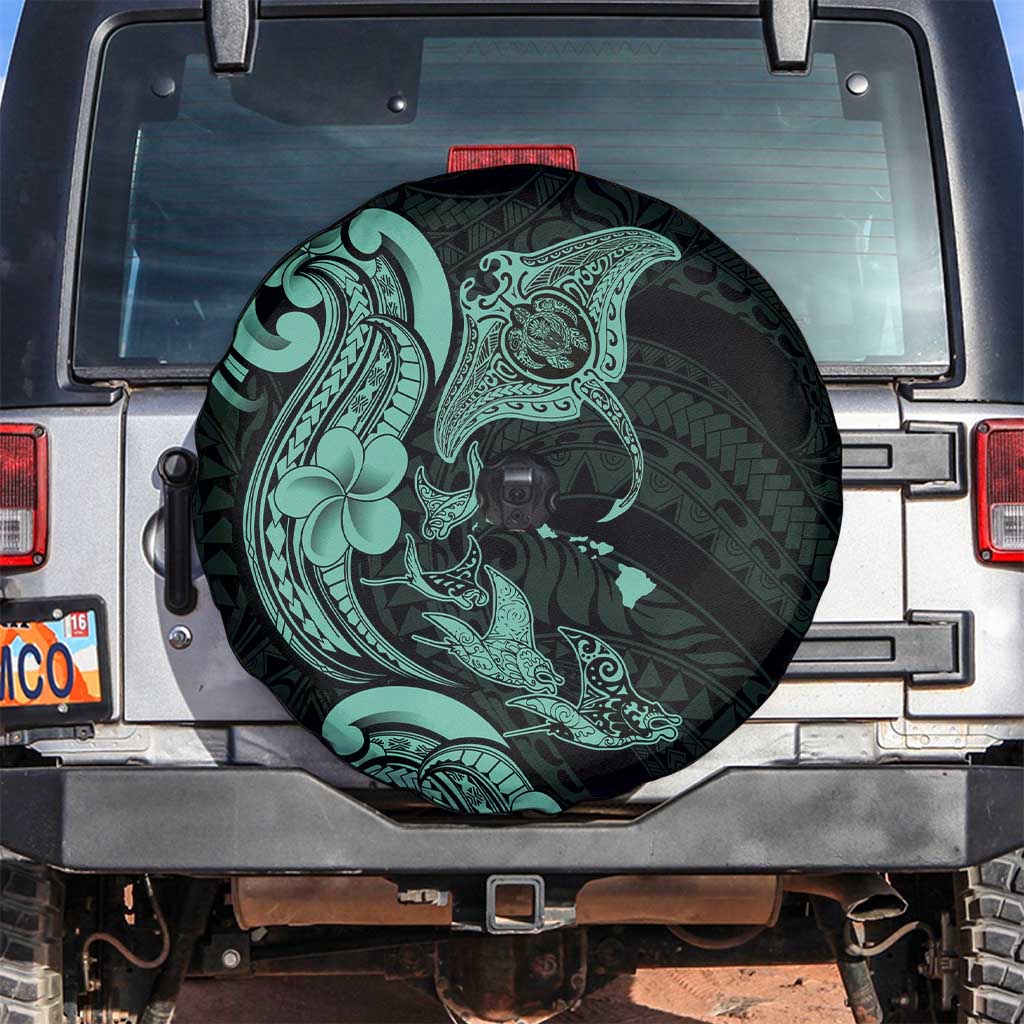 Hawaiian Manta Rays Spare Tire Cover Tribal Hibiscus Polynesian Tattoos Turquoise Color - Polynesian Pride