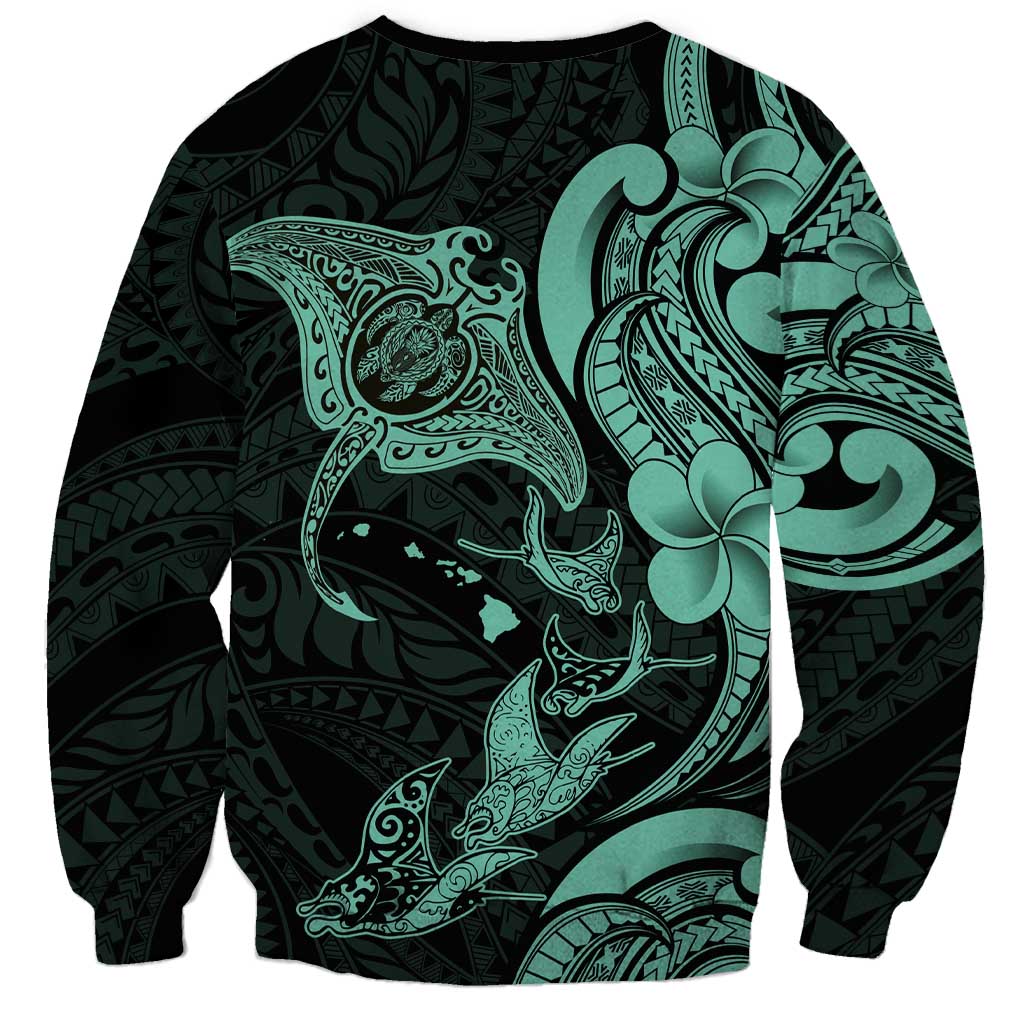 Hawaiian Manta Rays Sweatshirt Tribal Hibiscus Polynesian Tattoos Turquoise Color - Polynesian Pride