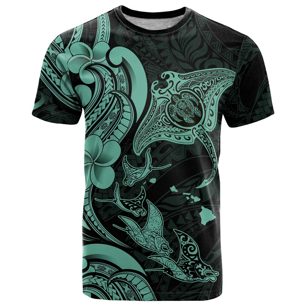 Hawaiian Manta Rays T Shirt Tribal Hibiscus Polynesian Tattoos Turquoise Color - Polynesian Pride