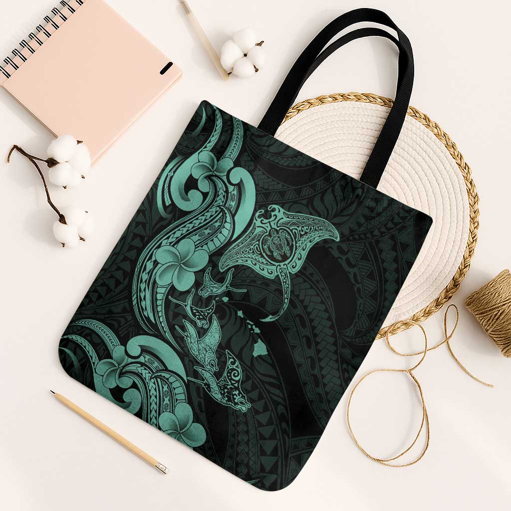 Hawaiian Manta Rays Tote Bag Tribal Hibiscus Polynesian Tattoos Turquoise Color - Polynesian Pride
