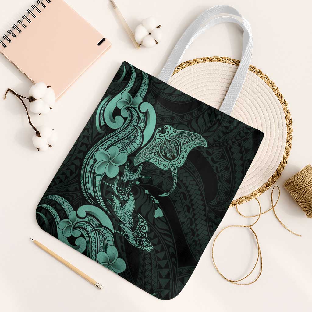 Hawaiian Manta Rays Tote Bag Tribal Hibiscus Polynesian Tattoos Turquoise Color - Polynesian Pride