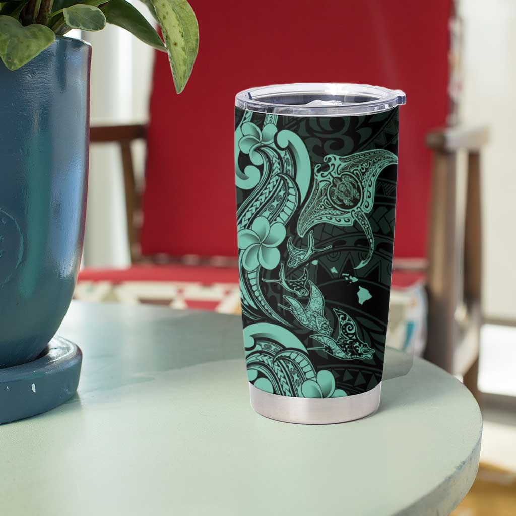 Hawaiian Manta Rays Tumbler Cup Tribal Hibiscus Polynesian Tattoos Turquoise Color - Polynesian Pride