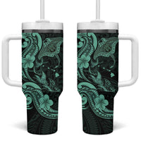 Hawaiian Manta Rays Tumbler With Handle Tribal Hibiscus Polynesian Tattoos Turquoise Color - Polynesian Pride