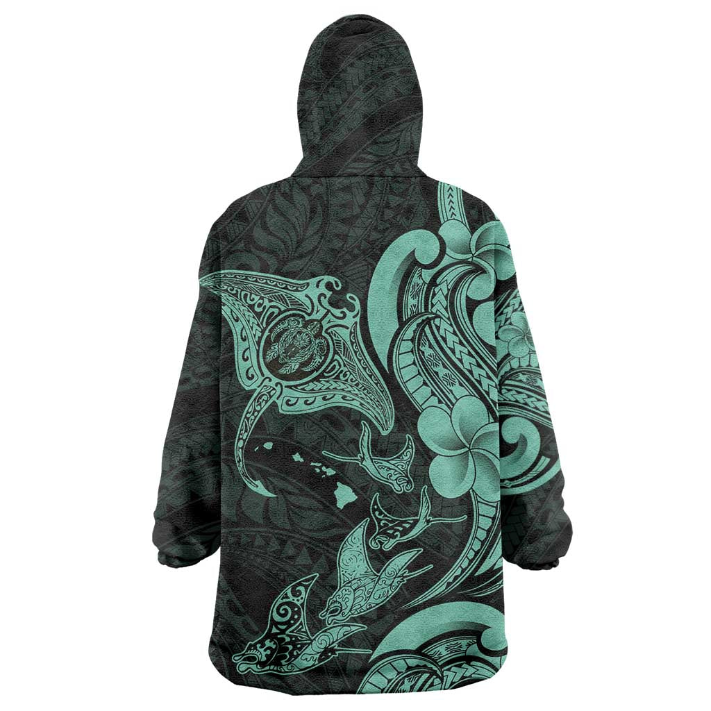 Hawaiian Manta Rays Wearable Blanket Hoodie Tribal Hibiscus Polynesian Tattoos Turquoise Color - Polynesian Pride