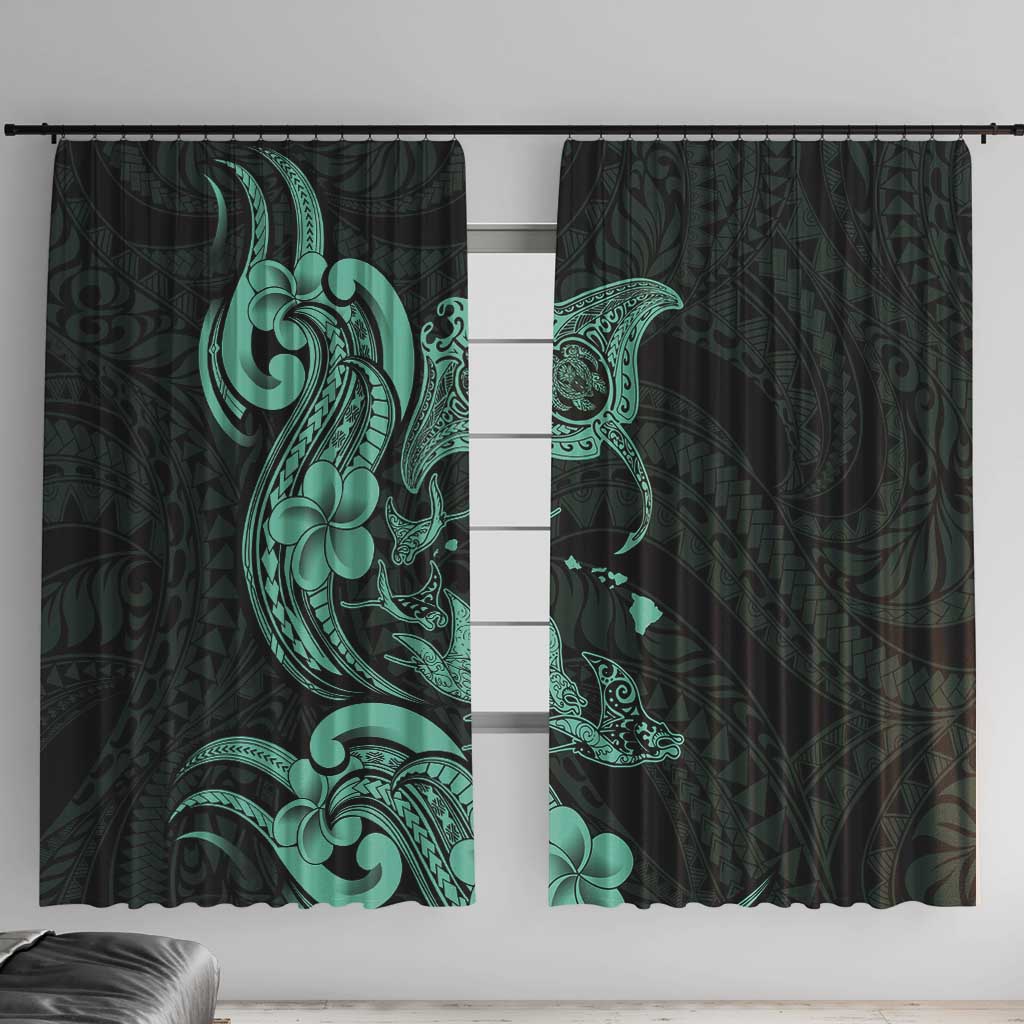 Hawaiian Manta Rays Window Curtain Tribal Hibiscus Polynesian Tattoos Turquoise Color - Polynesian Pride