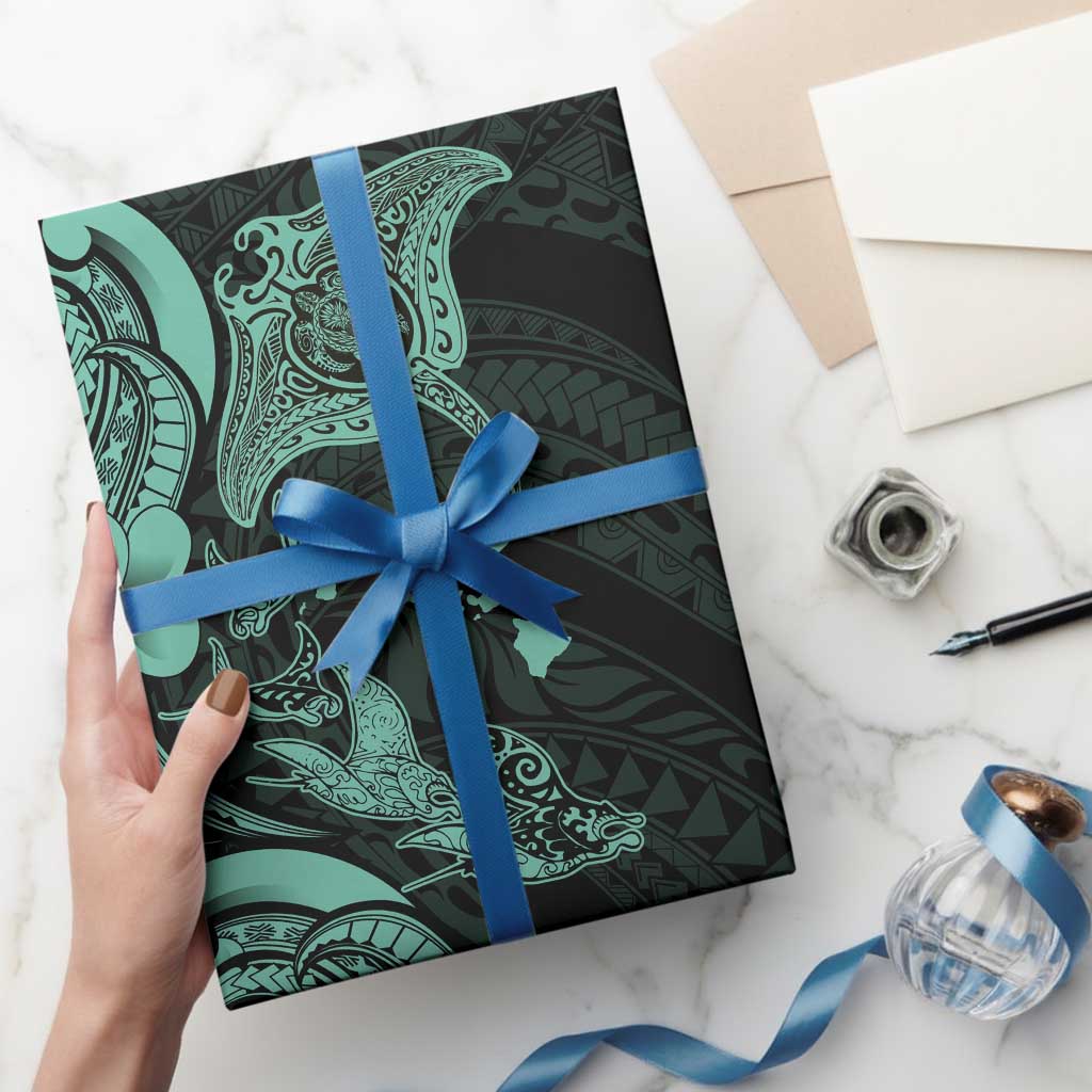 Hawaiian Manta Rays Wrapping Paper Tribal Hibiscus Polynesian Tattoos Turquoise Color - Polynesian Pride
