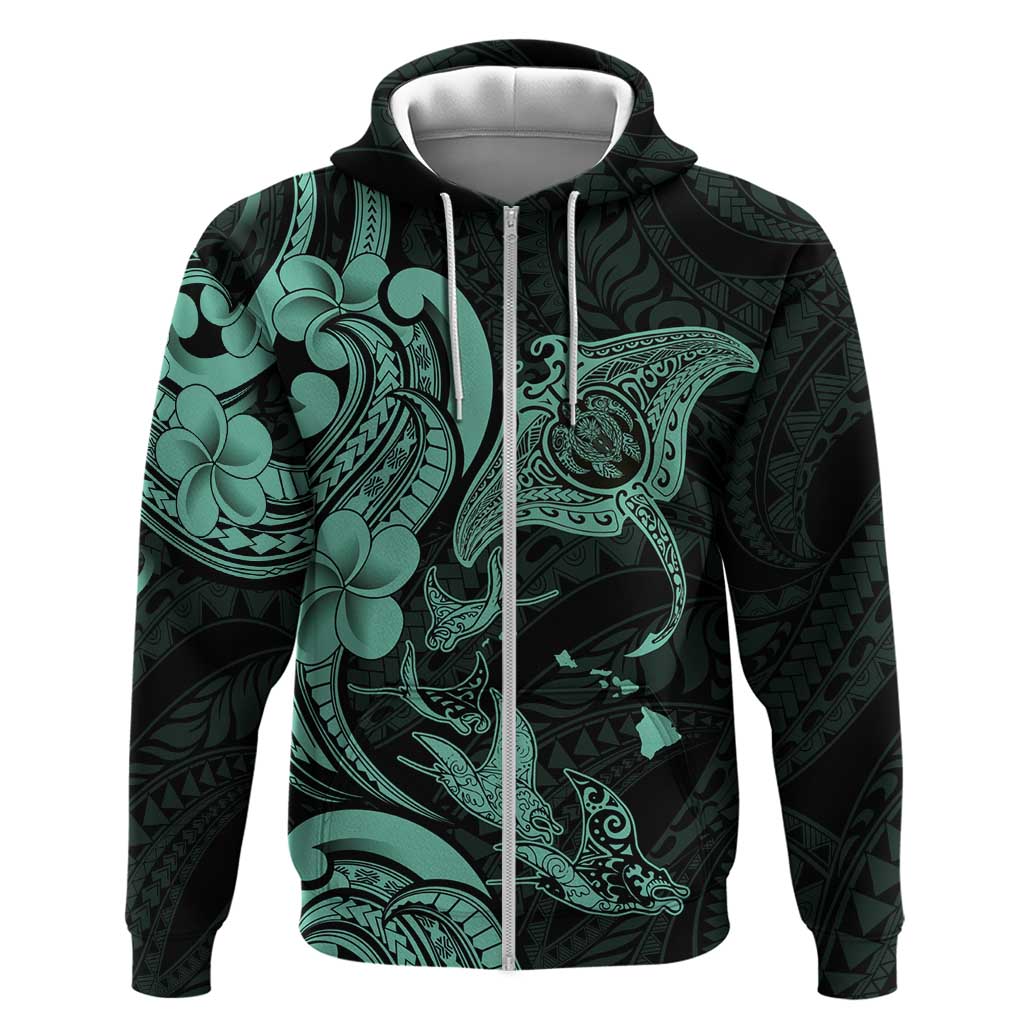 Hawaiian Manta Rays Zip Hoodie Tribal Hibiscus Polynesian Tattoos Turquoise Color - Polynesian Pride
