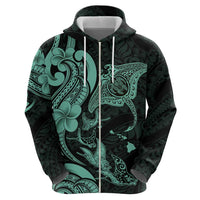 Hawaiian Manta Rays Zip Hoodie Tribal Hibiscus Polynesian Tattoos Turquoise Color - Polynesian Pride