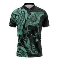 Hawaiian Manta Rays Zipper Polo Shirt Tribal Hibiscus Polynesian Tattoos Turquoise Color LT03 Turquoise - Polynesian Pride