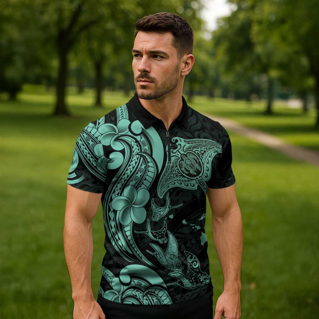 Hawaiian Manta Rays Zipper Polo Shirt Tribal Hibiscus Polynesian Tattoos Turquoise Color LT03 - Polynesian Pride