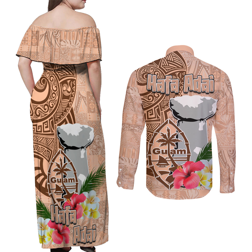 Guam Seal and Latte Stone With Ethnic Tapa Pattern Couples Matching Off Shoulder Maxi Dress and Long Sleeve Button Shirt Peach Fuzz Color LT03 - Polynesian Pride